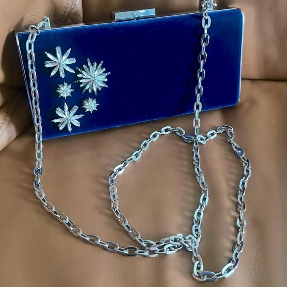 White House Black Market Royal Blue Velvet Clutch w/Glass Crystal Flowers NWOT